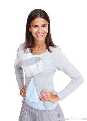 Image of Portrait, happy and woman in studio for good mood, young and casual on a white background. Face, excited and optimistic girl feeling confident, content and positive attitude while standing isolated