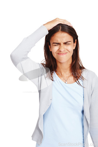 Image of Confused, doubt and mistake with a woman in studio isolated on a white background standing hand on head. Stress, error and fail with an attractive young female on advertising or marketing space