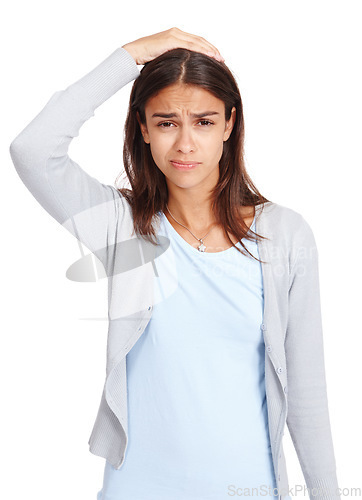 Image of Stress, confused and portrait of woman in studio with puzzled, doubt and thinking people expression. Anxiety, confusion and uncertain young person with sad face at isolated white background.