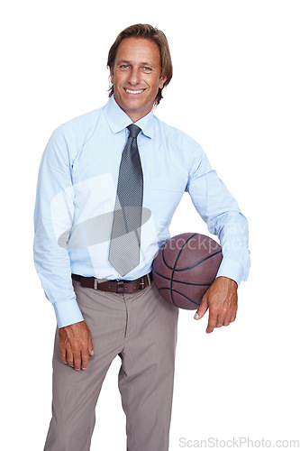 Image of Sports, management and portrait of businessman with basketball and smile isolated on white background. Leadership, strategy and game plan, happy man or sport manager standing in studio holding ball.