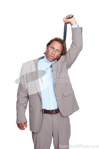 Image of Depression, portrait and businessman hanging from tie, suicide and mens mental health isolated on white background. Anxiety, burnout and man frustrated in necktie with work, debt and stress in studio