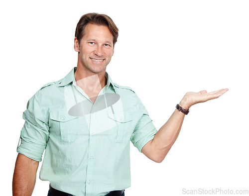 Image of Business, portrait of man with hand out with smile, product placement and mockup isolated on white background. Marketing, advertising and product announcement or presentation, businessman in studio.