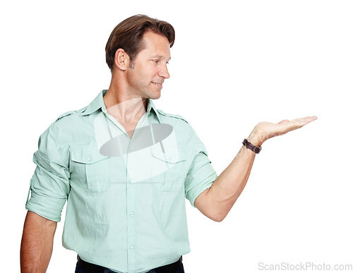 Image of Business, man looking at hand out for product placement and mockup space isolated on white background. Marketing, advertising launch and product announcement or presentation, businessman in studio.