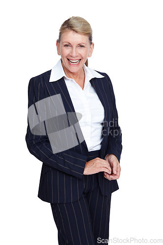 Image of Portrait, business and mockup with a senior woman in studio isolated on a white background for corporate branding. Manager, motivation and success with a mature female employee on blank space