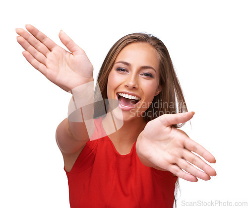 Image of Portrait, hands and freedom with a model woman in studio isolated on a white background feeling carefree. Face, excited and cheerful with an attractive young female on blank product placement space