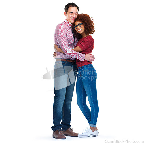 Image of Love, interracial and couple hug portrait for care, romance and happiness together for advertising. Happy asian man and black woman in romantic relationship on isolated white background for mockup.