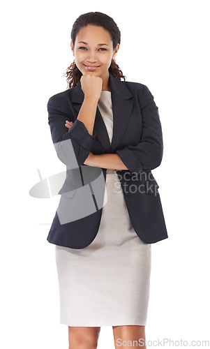 Image of Portrait, business and black woman with achievement, corporate success and entrepreneur isolated on white studio background. Jamaican female, employee and leader with startup, smile and confident