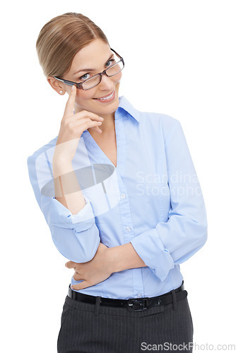 Image of Portrait, corporate and woman with glasses, employee and lady isolated on white studio background. Busines, female leader and spectacles with smile, confidence and advertising campaign on backdrop