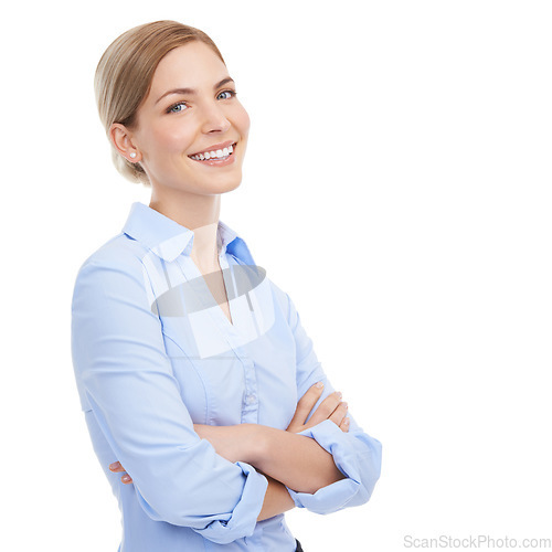 Image of Business, portrait and woman arms crossed, happiness and consultant isolated on white studio background. Finance, financial adviser and accountant with new portfolio, trading success and leadership