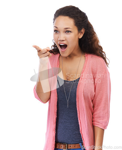 Image of Excited, pointing and black woman surprise, shocked or happy girl isolated on white studio background. African American female, lady and point with achievement, marketing or advertising with discount