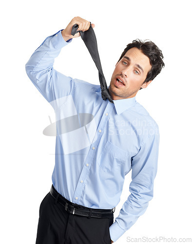 Image of Portrait, businessman and tie for depression, anxiety or stress problem on studio white background. Face, fail and choking, unhappy and young entrepreneur hanging, suicide and isolated in distress