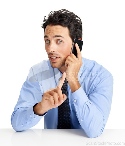 Image of Phone call, portrait and stop with a business man in studio isolated on a white background talking with a hand sign. Finance, contact and communication with a male employee chatting on a smartphone