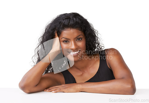 Image of Portrait, beauty and mockup with a model indian woman in studio isolated on a white background for a product or brand. Face, happy and smile with a young female posing to promote product placement