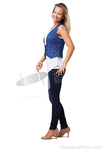 Image of Portrait, fashion and mockup with a model woman in studio isolated on a white background to promote style. Marketing, advertising and branding with an attractive young female on blank mock up space