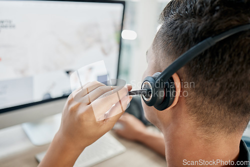 Image of Microphone, computer us or call center consultant networking, talking or speaking of a financial loan policy. Contact us, telemarketing job or crm salesman in conversation with client on help screen