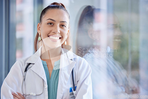 Image of Health portrait, doctor and woman with smile in hospital, happy with success in cardiovascular healthcare. Medical professional smile, cardiology and female in medicine with health care mockup