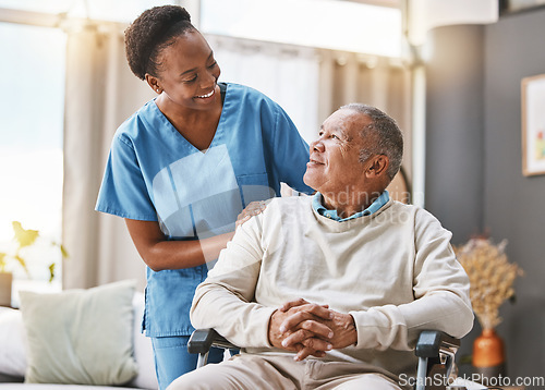 Image of Help, support and wheelchair with nurse and old man for disability, rehabilitation or healing. Retirement, physiotherapy and healthcare with patient and black woman nursing home for medical caregiver