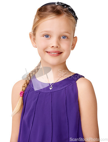 Image of Happy, smile and portrait of a cute girl in a dress on a white background in studio. Fashion, stylish and headshot of a model in clothes for confidence, happiness and style on a studio background