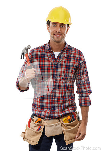 Image of Handyman, portrait and man construction worker with hammer, construction and employee with helmet for safety. Maintenance, tools and building construction with contractor against white background