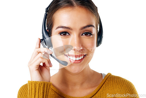 Image of Call center consultant, portrait of happy woman isolated with smile and communication on white background. Telemarketing, crm and woman in headset at help desk for customer service agency in studio.