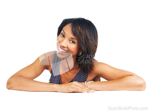 Image of Happy black woman, portrait and laughing on isolated mockup desk on white background and branding space. Smile, face and model on mock up table for marketing, logo advertising and product placement