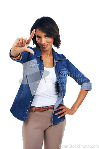 Image of Comic, playful and portrait of a black woman with a loser sign isolated on a white background. Expression, happy and girl with a hand gesture to bully, attitude and sassy on a studio background