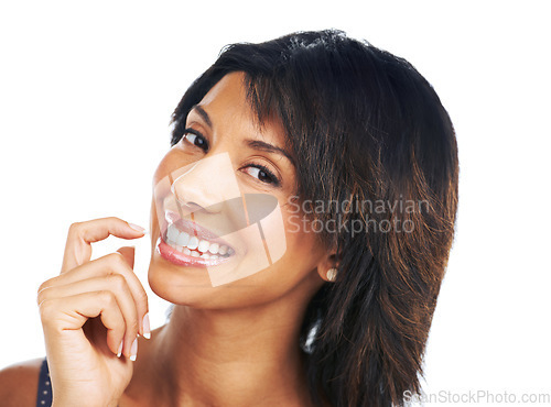 Image of Dental, smile and beauty with portrait of black woman for oral hygiene, teeth whitening and cosmetics. Wellness, transformation and health with isolated face of lady for self care, glow and cleaning