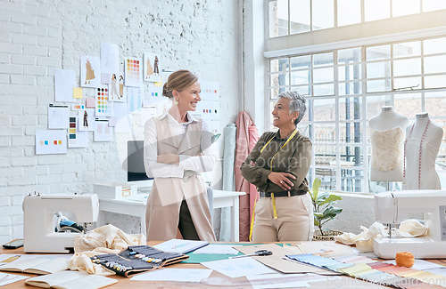 Image of Collaboration, fashion and designer women in workshop together brainstorming creative idea for small business. Planning, creativity and vision of mature dressmaker team with optimistic mindset.