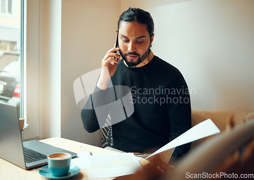 Image of Startup, research or business man for phone call in coffee shop for corporate planning, life insurance or networking. Remote work, documents or male on smartphone for communication or telemarketing