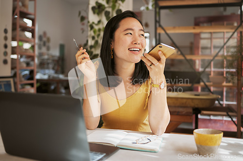 Image of Phone call, laptop and Asian woman for creative startup in planning, online conversation and talking to client. Communication, network and girl with smartphone, computer and notebook for art business