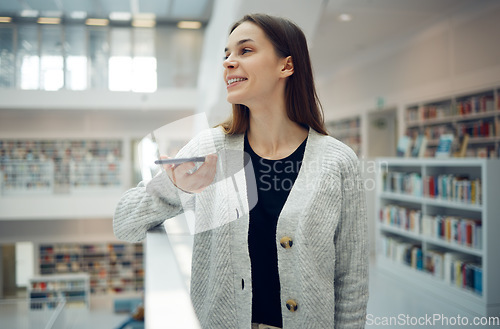 Image of Phone, library and university woman in a education and learning building with a mobile talking. Books, student and research conversation of a college tutor with smile ready for study and book search