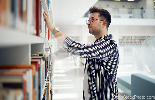 Image of Library book shelf, choice and education student search for history books for research, university study or college project. Knowledge learning, school reading assignment or scholarship man studying