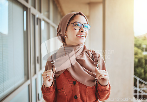 Image of University, education student and muslim woman in campus ready for learning, studying or knowledge. College, scholarship development or Islamic female thinking or contemplating vision for future life