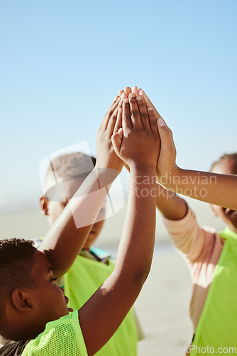 Image of Friends, hands and children high five in support of community, teamwork and clean up project. Kids, hand and huddle for collaboration by volunteer team gathering for help, motivation and solidarity