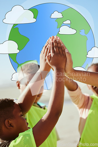 Image of Earth, hands and high five by volunteer children collaboration to support teamwork, help and community. Hand, friends and kids connect in change, world and partnership for environment, planet or goal