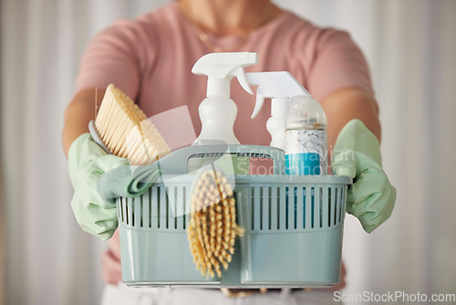 Image of Cleaning products, cleaner service hands and home clean basket for house disinfection of dusk. Chemical, brush and woman hand in a household with hygiene equipment and rubber gloves ready for work