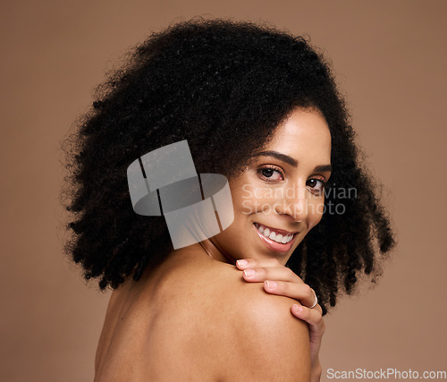 Image of Happy woman, afro or face skincare on studio background in self love hug, healthcare wellness or body dermatology. Smile portrait, beauty model or natural hairstyle, makeup cosmetic or manicure hands