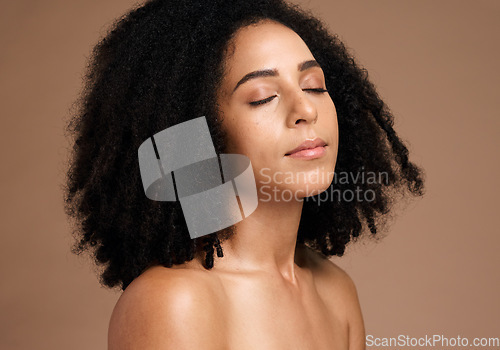 Image of Black woman, studio and skincare beauty with eyes closed, thinking and cosmetic wellness for face, glow or afro hair. Model, soft skin and facial cosmetics, self care and makeup by brown background