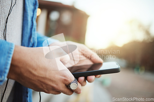 Image of Student, hands or music earphones on university campus, school or college for social media, motivation radio or podcast. Zoom, man or mobile technology for learning research, calendar or 5g schedule