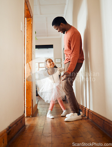 Image of Dance, happy and ballet with father and daughter learning, support and weekend bonding. Princess, teaching and music with dad and girl in black family home for freedom, wellness and carefree helping