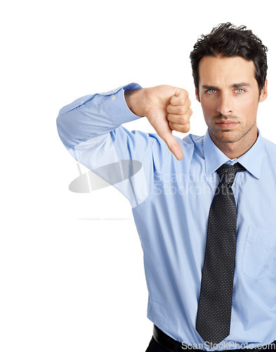 Image of Hand, thumbs down and portrait of businessman in studio for no, bad and business fail on white background. Face, failure and young entrepreneur showing negative emoji for objection while isolated