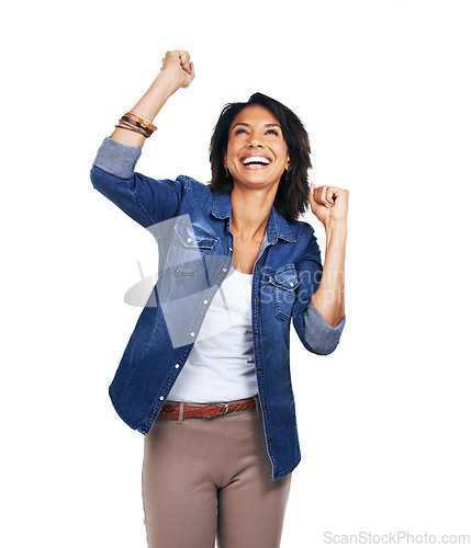 Image of Winner, excited and success celebration of woman in studio on a white background mock up. Face, winning and happy female model celebrating victory, triumph or goal achievement, good news or lottery.