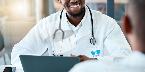 Image of Closeup, healthcare and black doctor talking, feedback and diagnosis results in white coat, hospital and wellness. Medical professional, African American male and consultation for feedback and advice
