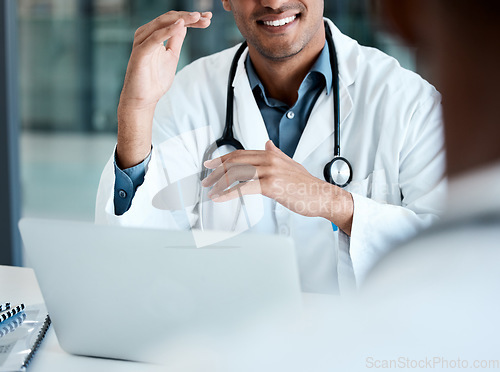 Image of Laptop, healthcare and hands of doctor with stethoscope talking to patient for diagnosis, medical results and report. Insurance, healthcare and hospital worker with computer consulting with patient