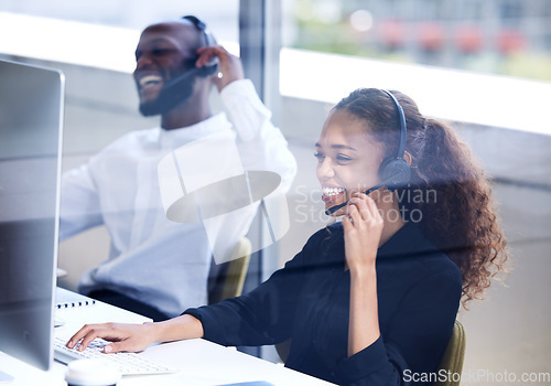 Image of Call center, funny and employees laughing on a computer for consulting, telemarketing and customer support. Comic, contact us and happy customer service agents working in technical support on a pc