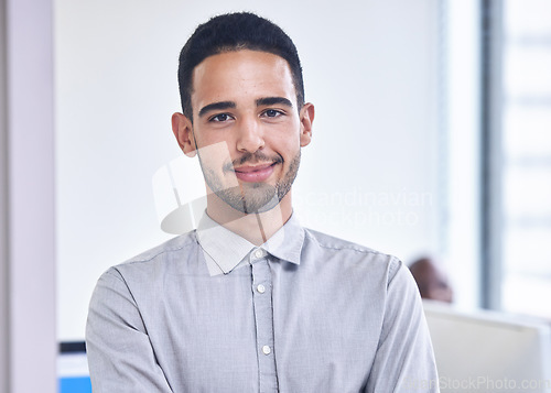 Image of Businessman, portrait and web design worker in a office ready for working. Happy, smile and work employee in a creative tech designer company feeling calm about workplace and coworking space