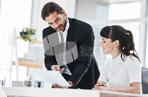 Image of Business people, paperwork discussion and team planning finance report, sales presentation or financial management leader in office. Teamwork, conversation and documents analysis for business meeting