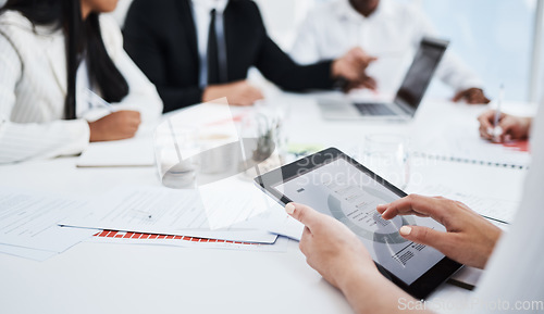 Image of Woman, hands closeup and tablet at business meeting with analytics, planning and fintech with business people. Corporate team, mobile touchscreen tech and documents on desk for financial negotiation