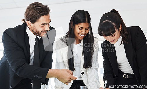 Image of Planning, teamwork and happy business people with a strategy, training and coworking in an office. Collaboration, brainstorming and employees in a meeting for a corporate partnership at work