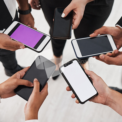 Image of Group of people, hands and phone screen circle for marketing mockup, advertising or online networking. Blank smartphone, business people hand and teamwork digital communication or web tech meeting